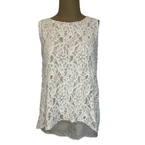 Dolce Ragazza Sm- Ivory Top Tank Blouse Silk Chiffon Shirt Tail Hem Lace Overlay